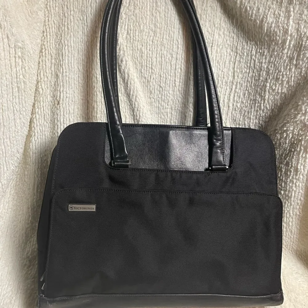 Victorinox Swiss Black Canvas &leather laptop Bag Briefcase silver tone hardware